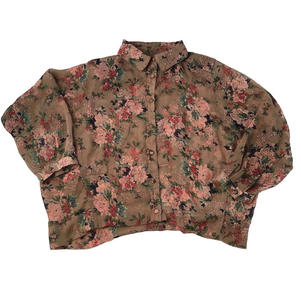 Cotton Candy Sheer Floral 3/4 Sleeve Button-Up Blouse Size Medium